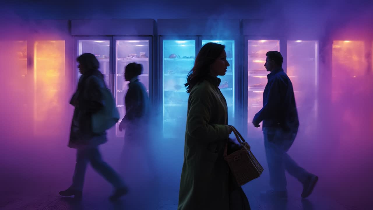 In a mesmerizing scene filled with vibrant colors and ethereal fog, people walk past illuminated refrigerators, blending realism with surreal aesthetics in a captivating visual experience