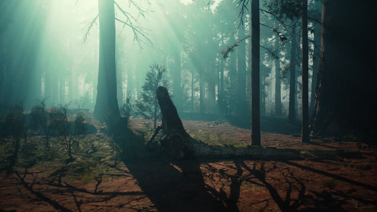 Sunlight shining through a misty forest