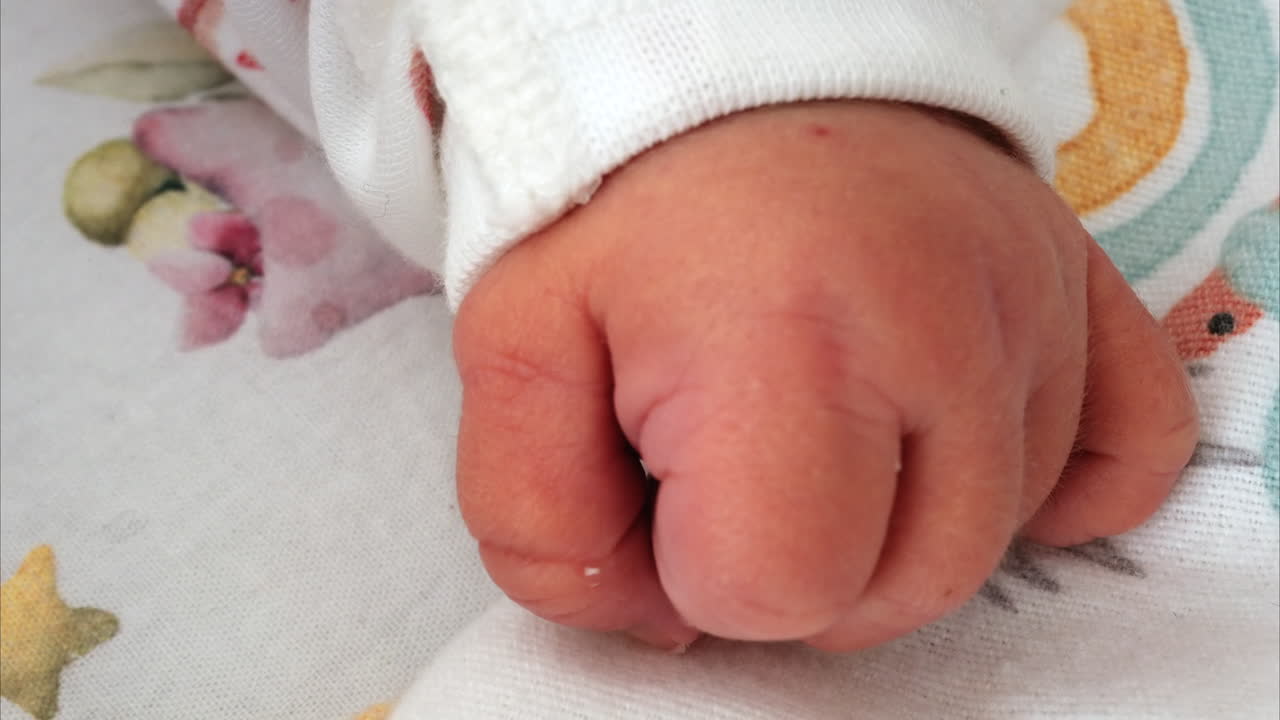 Close up of a newborn baby's tiny hand clenched in soft natural light while resting