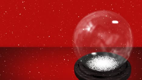 Digital-animation-of-snow-falling-over-snow-globe-against-red-background