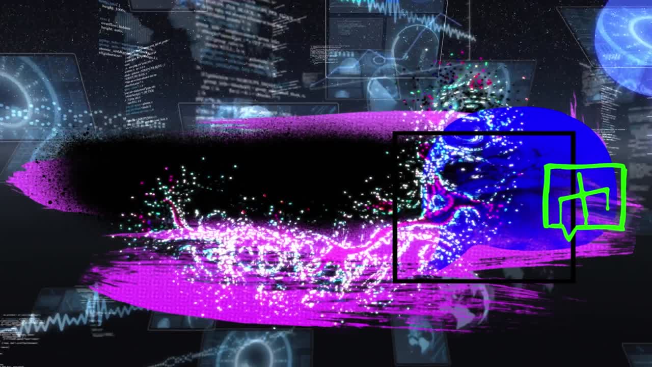 banner abstracto colorido con espacio de copia contra la interfaz con procesamiento de datos en fondo azul