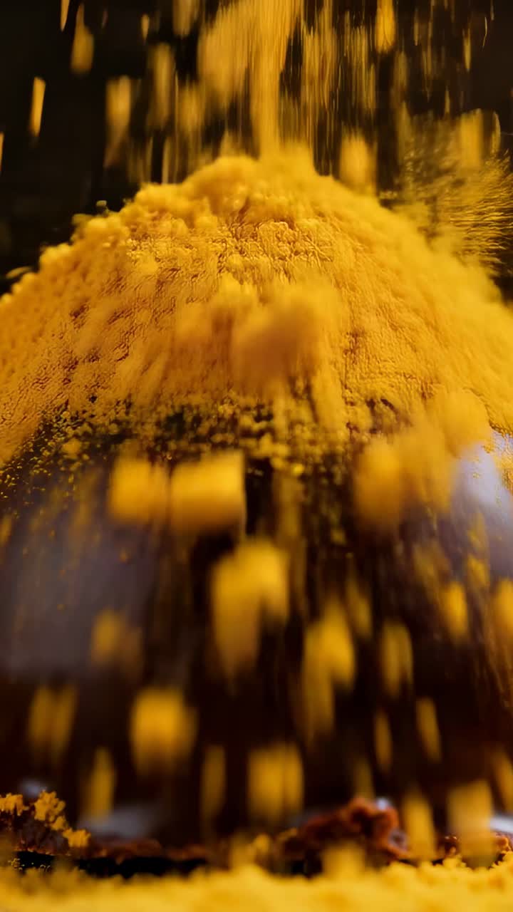 Vertical video: Falling yellow powder coating glossy dark dome on plate in kitchen, topping dessert