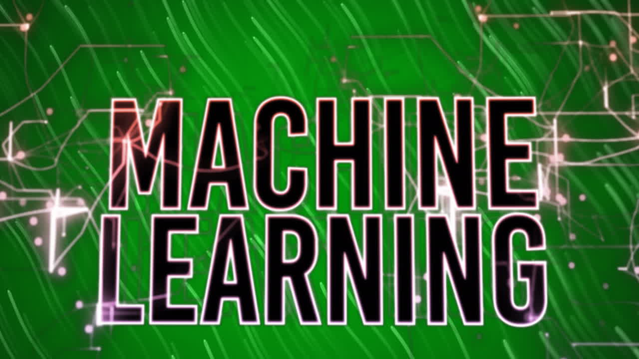 Animation of machine learning text banner and light trails against green background
