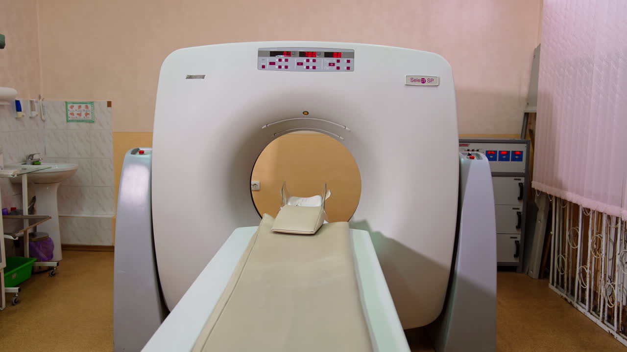 Scan device for magnetic resonance imaging. Empty hospital room with modern innovative equipment.