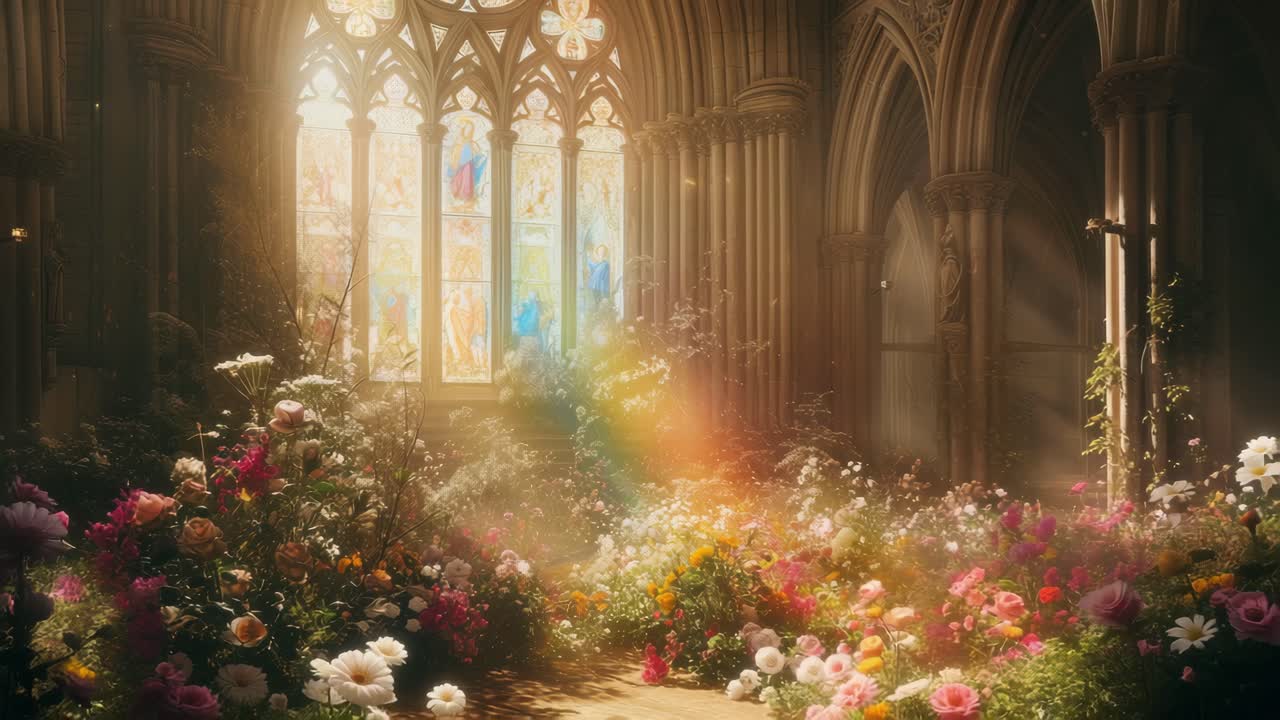 Um vídeo captura uma vista serena e em um ângulo baixo de um jardim iluminado pelo sol em uma catedral, com flores vibrantes