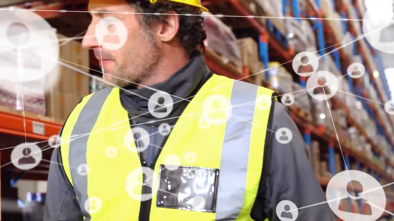 창고에서 일하는 사람에 대한 아이콘과 연결 네트워크의 애니메이션