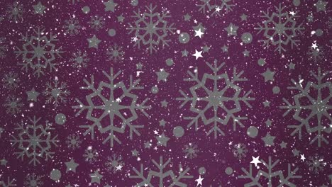 Animation-of-christmas-stars-falling-over-purple-snowflake-background