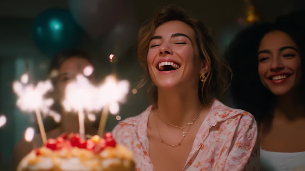 Joyful Celebration: A Young Woman Laughs Heartily While Surrounded by Friends at a Birthday Party with Sparklers Lighting Up the Cake, Capturing the Essence of Happiness and Togetherness in a Festive Atmosphere