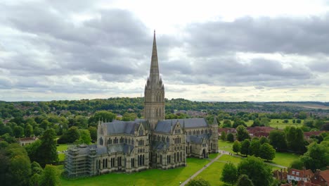 huge drone shot of a big cathedral in the uk, during a cloudy day