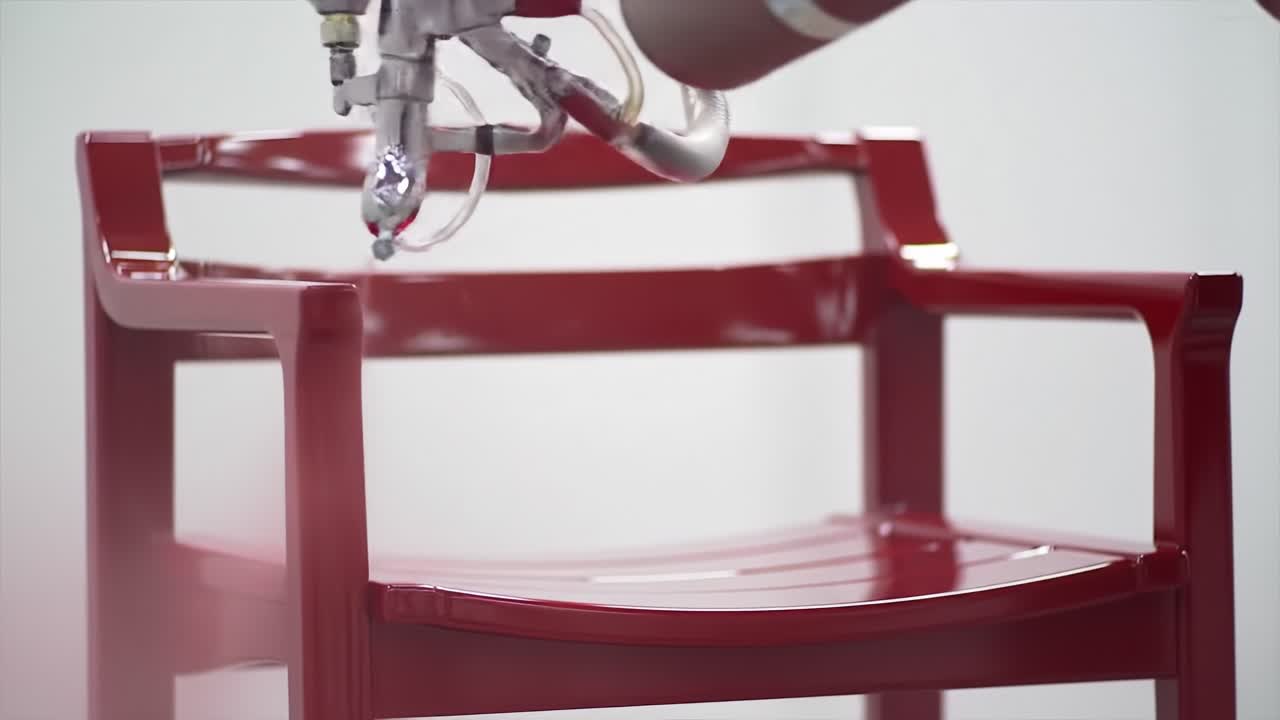 A Vibrant Red Chair Being Sprayed with Paint, Showcasing the Process of Adding Color to a Simple Design for Modern Home Decor