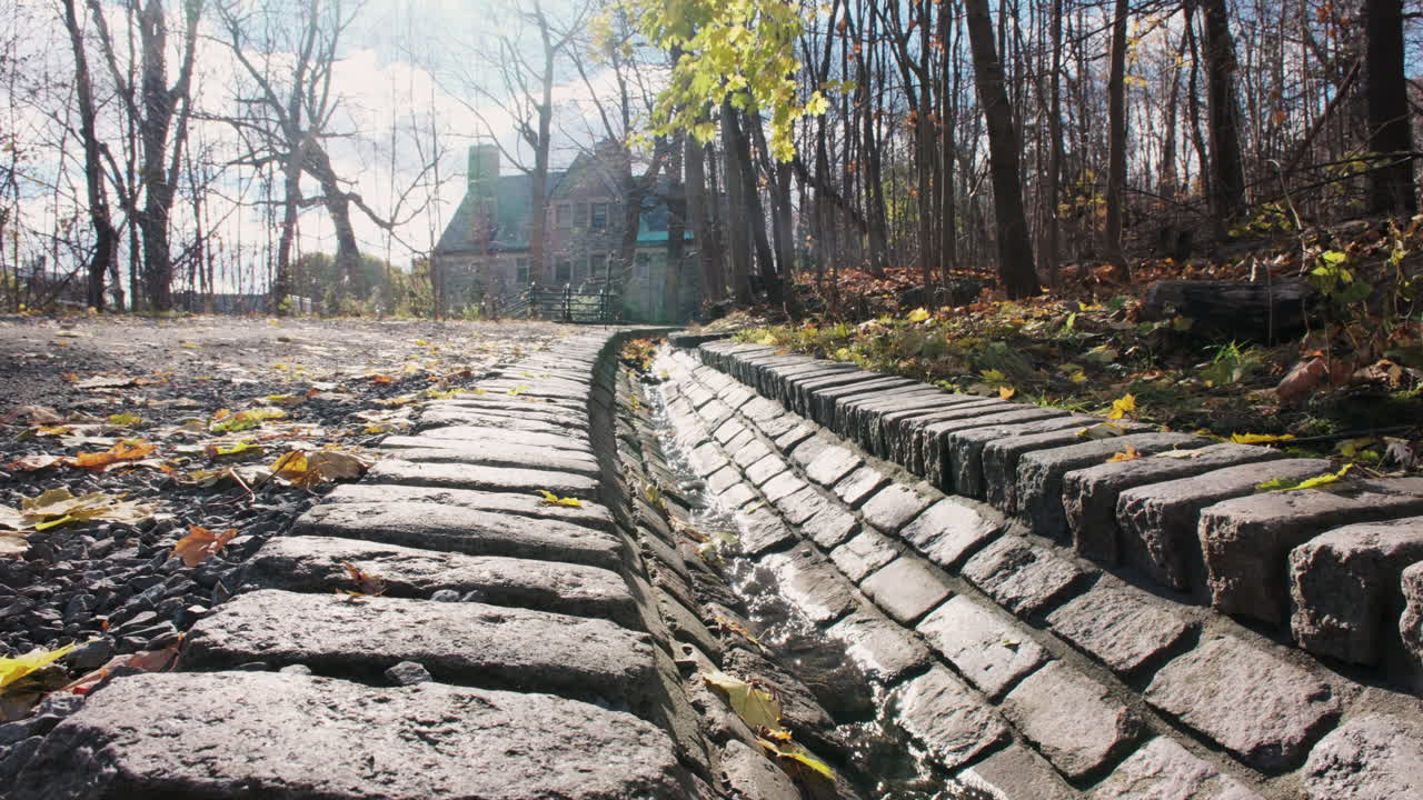 마운트 로열 공원의 역사적인 자갈로 된 하천에서 물이 흘러내리며 은 돌에서 빛이 반인다.