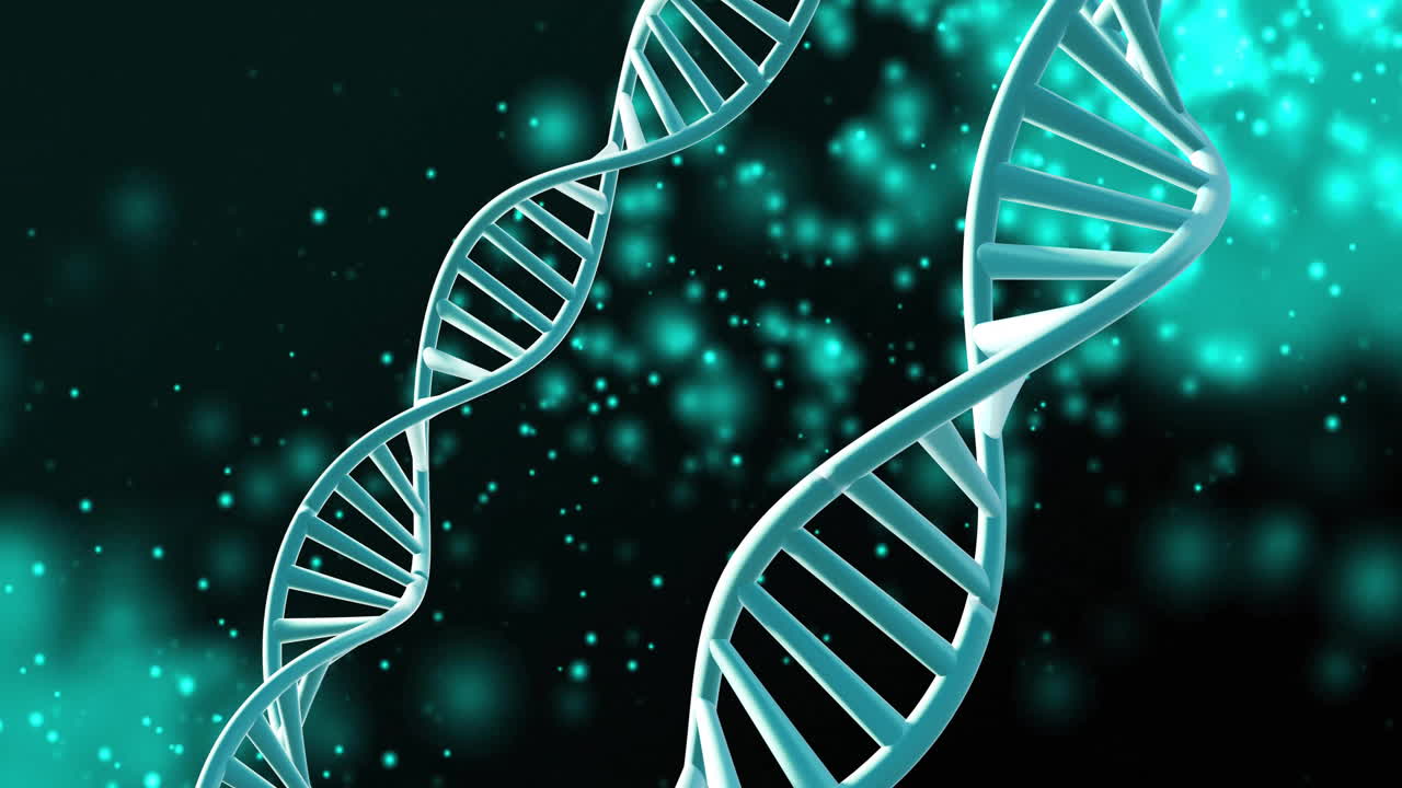 animación de cadenas de adn girando con espacio de copia sobre manchas verdes sobre fondo negro
