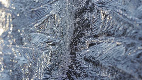 macro shot of frozen snowflakes, icicles on a glass window