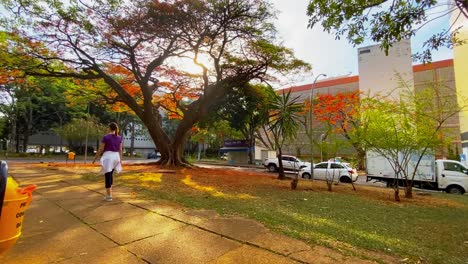 young woman in sports clothing walks on pavement in city during autumn