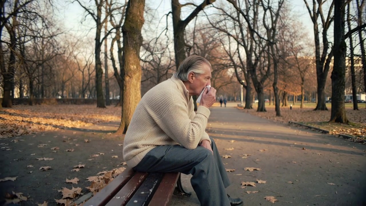 Holding white tissue, senior man raising it to nose, clearing nose on park bench wearing sweater