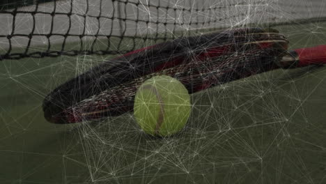 tennis racket and ball being visualized on green court, in flat design with net background