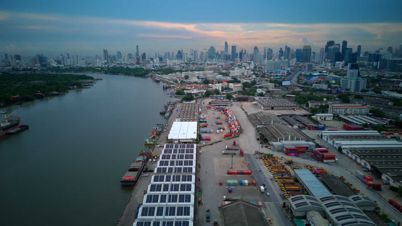 Cityscape with River, Port, and Skyline