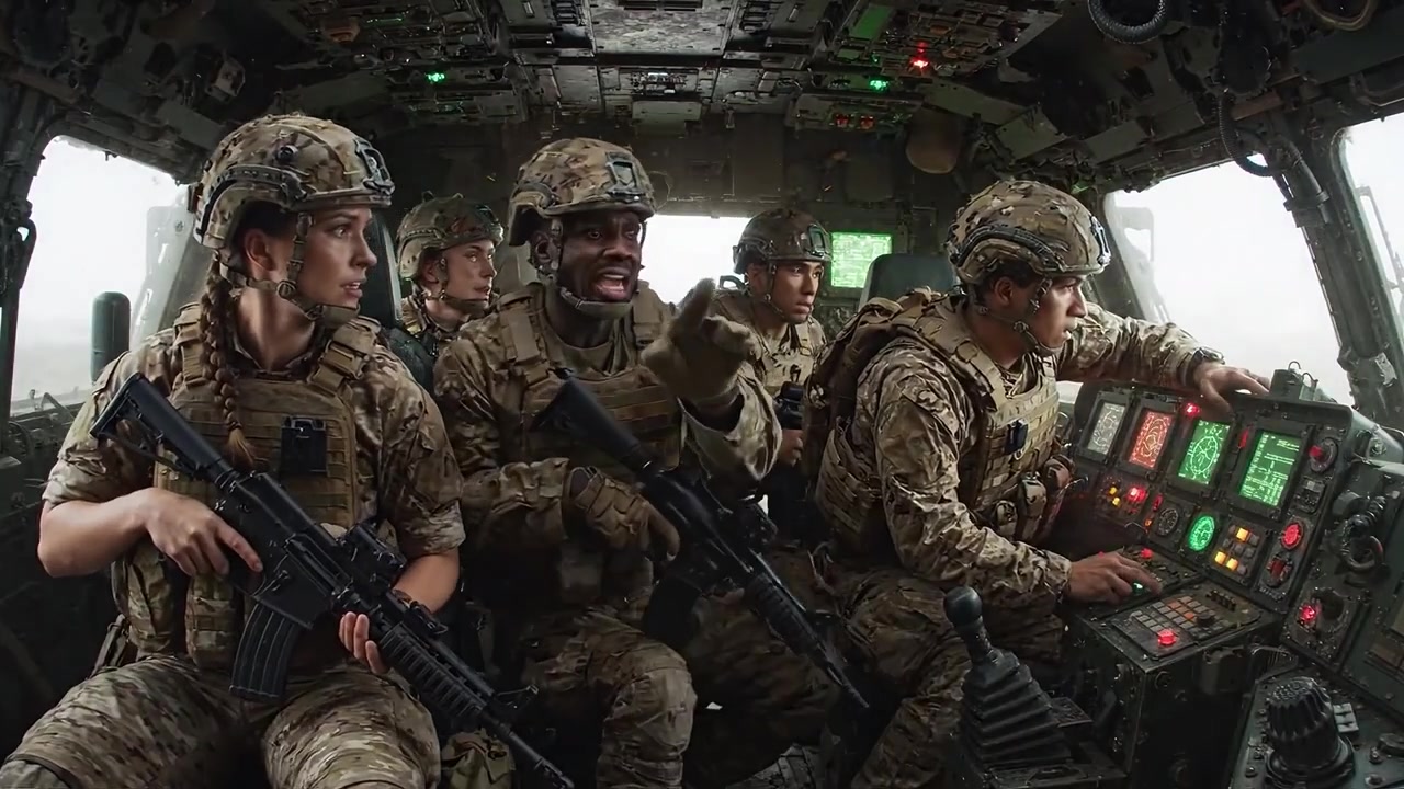 Militares Dentro da Cabine de um Helicóptero, Preparando-se para o Combate Terrestre, Demonstrando Trabalho em Equipe e Prontidão Tática em um Ambiente de Alto Risco