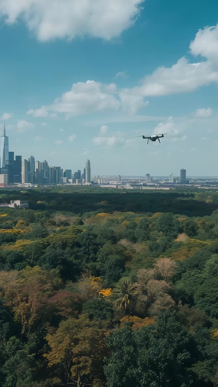 Lodret video: Flyvende drone, der flyver ind og stiger op over palmetræernes kroner, og filmer skyline, kopiplads