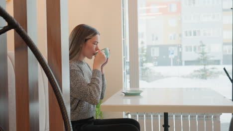 Student seated in cozy cafe enjoying breakfast while watching people walk through snowy street outside large glass window. Calm indoor atmosphere contrasts with bustling winter scene beyond window