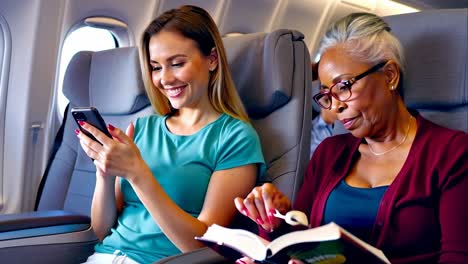 two women sitting next to each other on an airplane