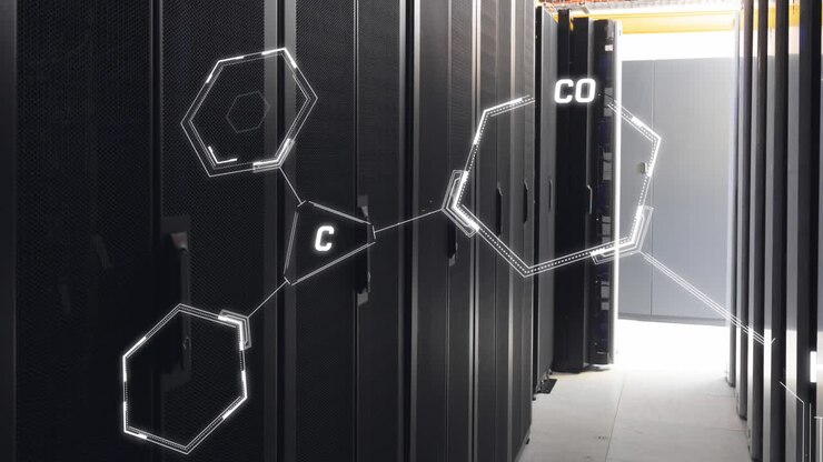 Animation of chemical structures floating against computer server room