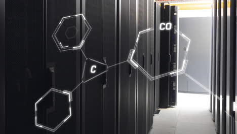 animación de estructuras químicas flotando contra la sala del servidor de computadora