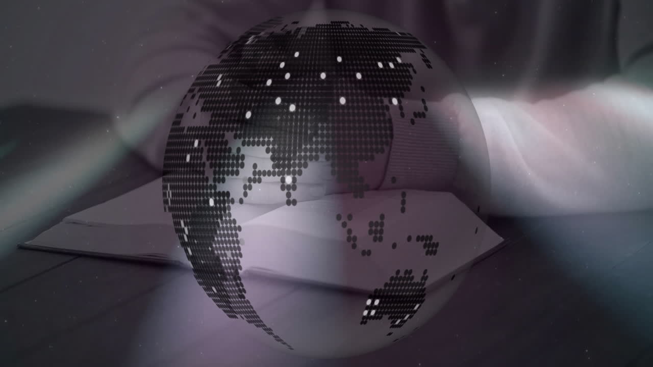 Rotating digital globe with pixelated continents over blurred background animation
