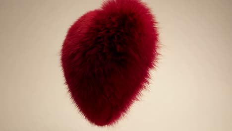 corazón peludo rojo gira lentamente contra un fondo blanco limpio, creando un efecto visual suave y romántico