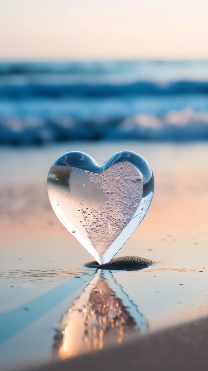 A heart-shaped glass object on a beach, captured at a low angle. The serene waves and soft lighting