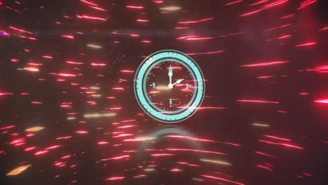 Animation-of-neon-ticking-clock-against-glowing-light-trails-spinning-against-red-background