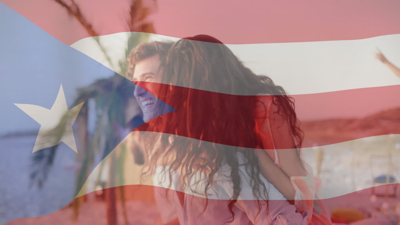 Puerto Rican flag overlay with vibrant colors, couple walking on beach