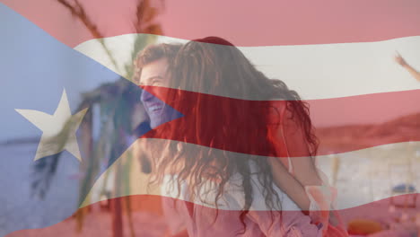 puerto rican flag overlay with vibrant colors, couple walking on beach