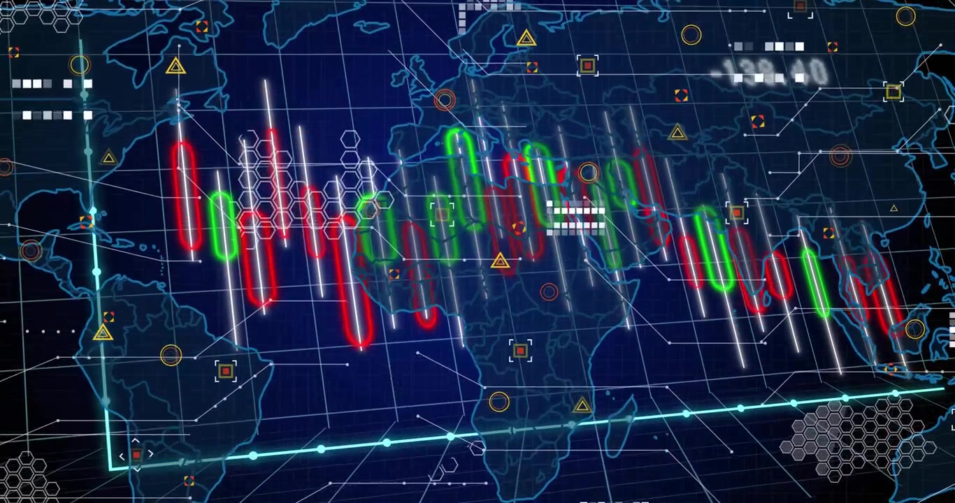 Grafico a candele che si muove su una mappa del mondo, con l'interfaccia utente che si carica e genera indicatori HUD per il monitoraggio finanziario.