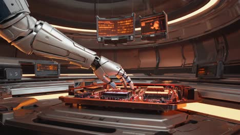 robotic arm interacting with circuit board in futuristic lab