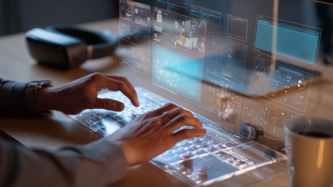 A close-up view of a person's hands using a transparent keyboard while interacting with advanced holographic displays emanating from a computer, showcasing data visualization and technological innovation