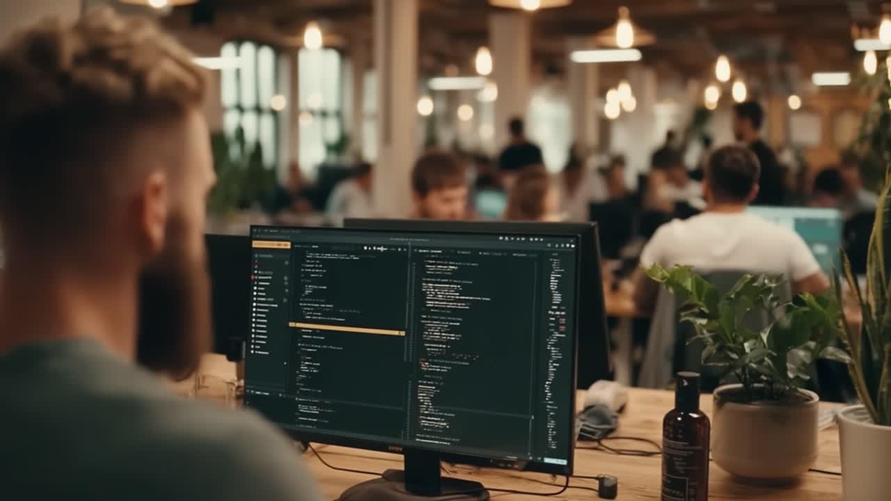 Focused Programmer Working on Code in a Modern Office Environment, Surrounded by Colleagues and Lush Greenery While Engaged in a Collaborative Tech Project