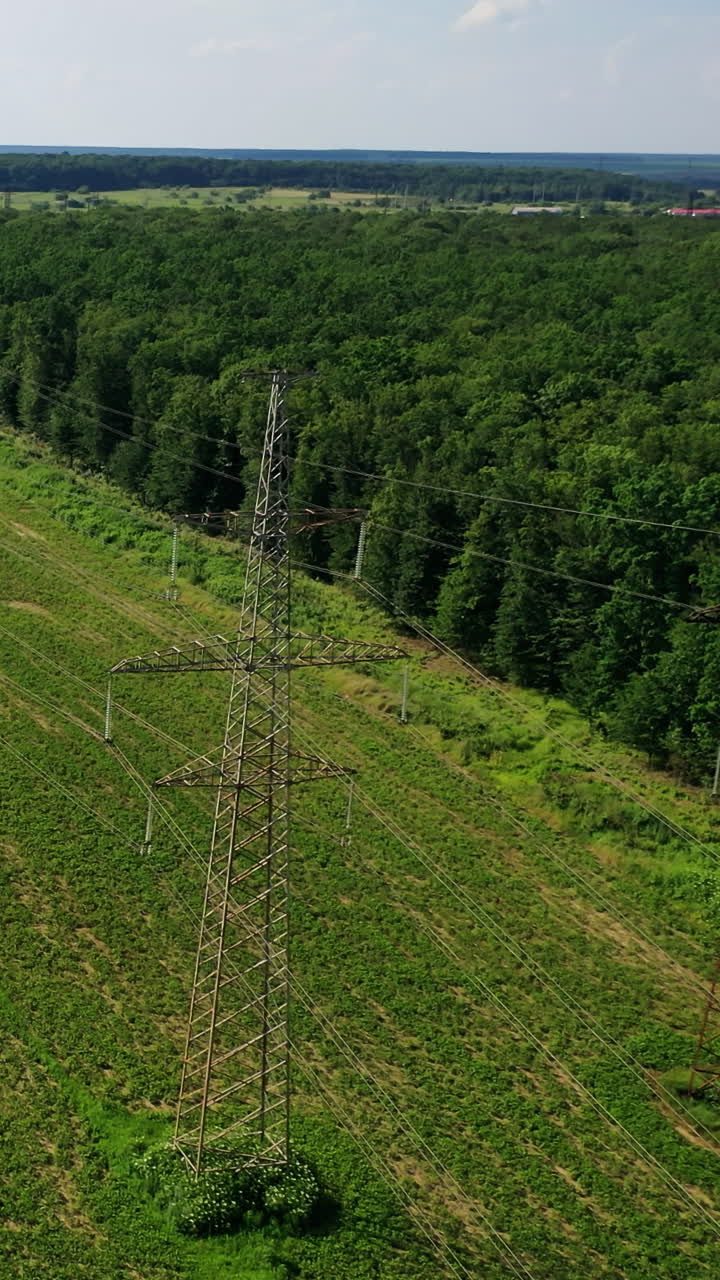 Pylons and electrical power lines. Aerial view of electrical power lines and towers