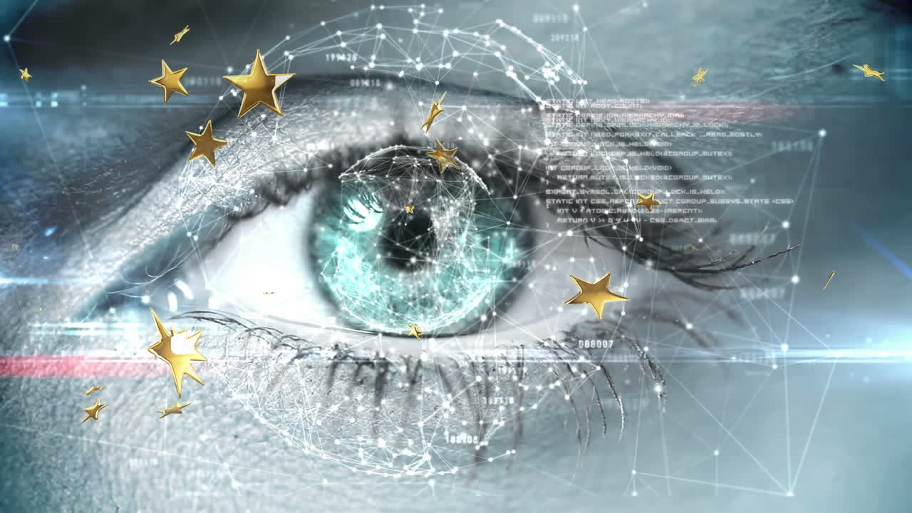 animación de puntos que forman el globo y las estrellas en primer plano del ojo humano azul en el fondo