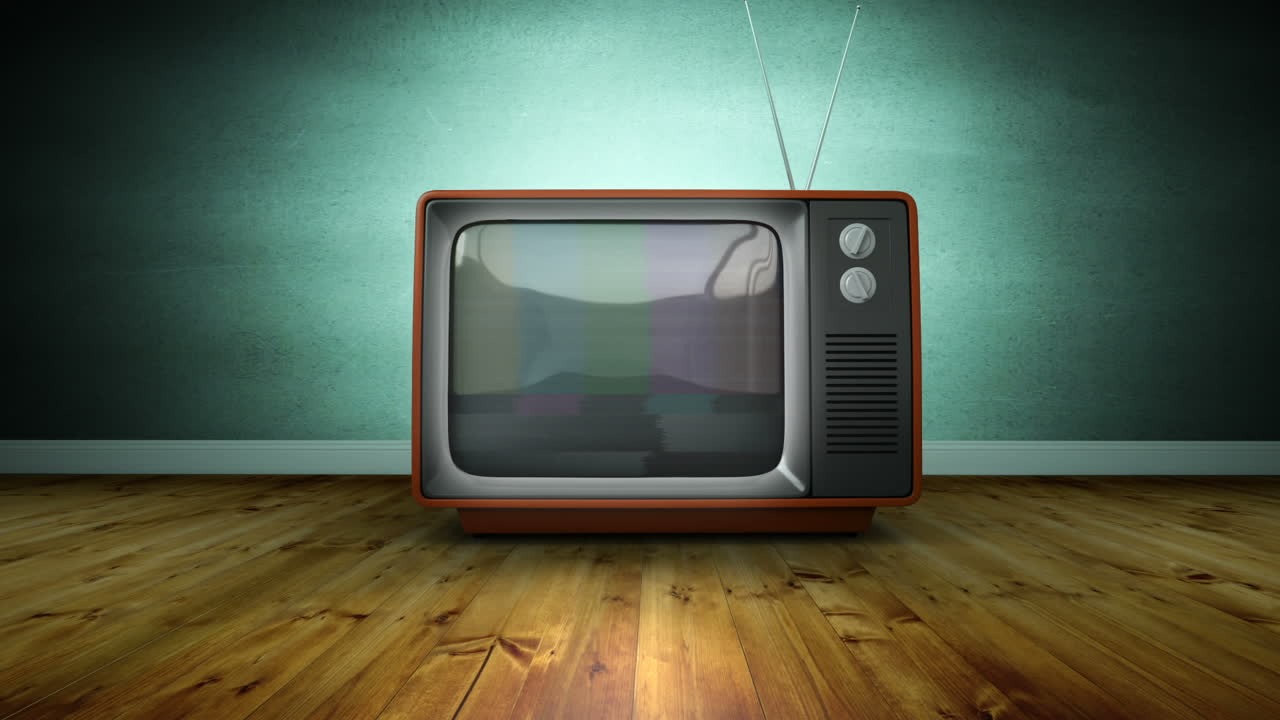 Zoom su schermo TV retrò con rumore sfocato, su parete verde