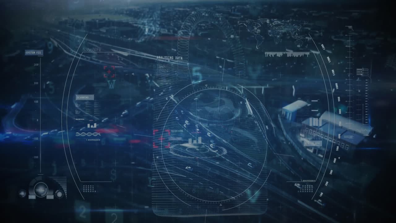 Animazione di avviso di scansione su elaborazione dati e panorama urbano