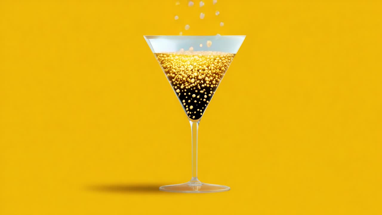 A sparkling cocktail served in a stylish martini glass showcases a vibrant golden effervescent drink, contrasting beautifully against a bold yellow backdrop, capturing the essence of celebration and joy