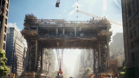 construction site of a massive urban structure in a bustling city