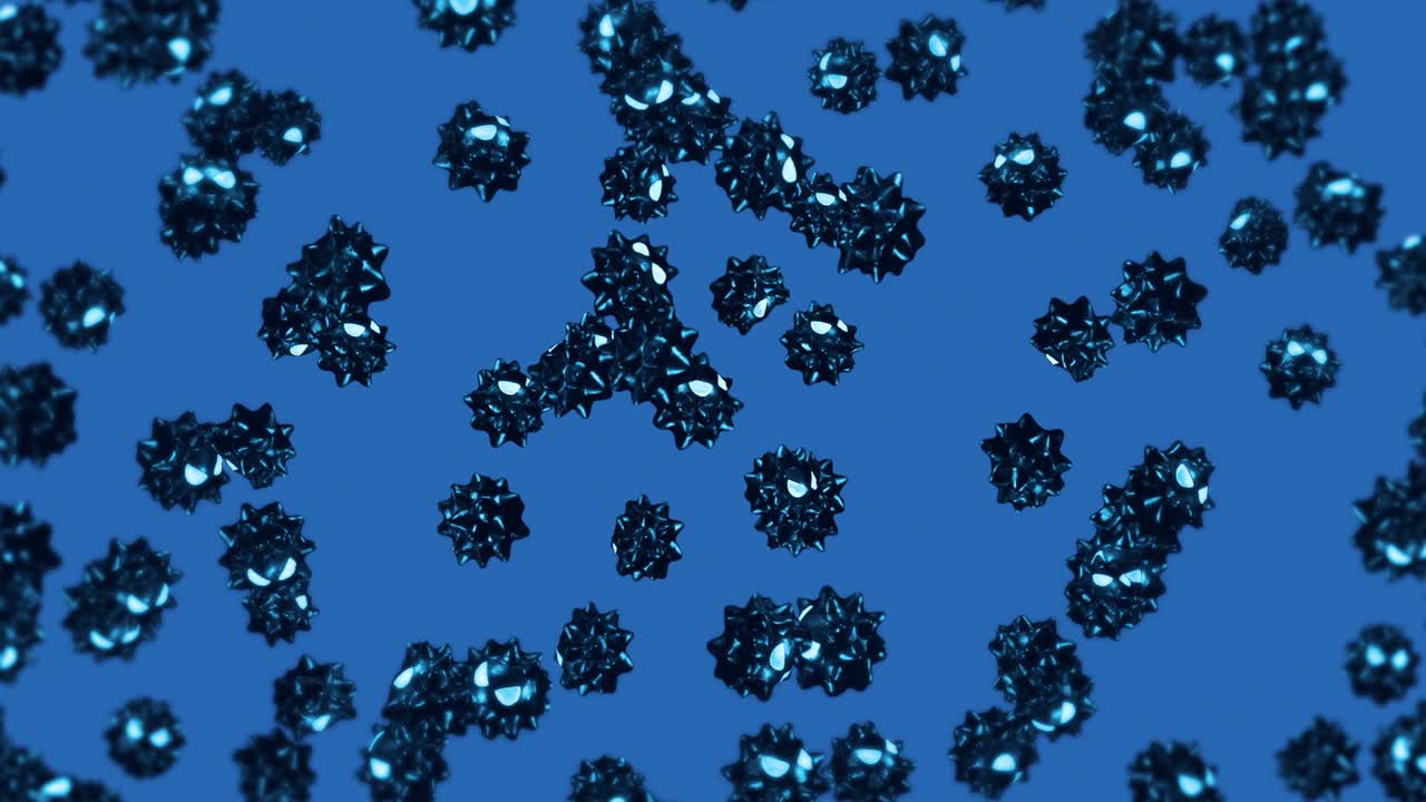 파란색 배경의 만화 캐릭터에서 많은 바이러스를 날아다니는. 의학 개념. 화를 내는 재미있는 검은 바이러스 마스코트. 3d 루프 애니메이션.