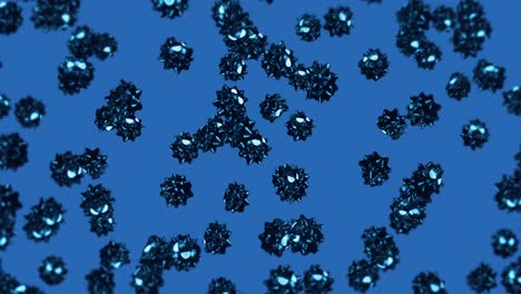 volando muchos virus en personaje de dibujos animados en fondo azul. concepto médico. divertida mascota de virus negro con enojado. animación de bucle 3d.