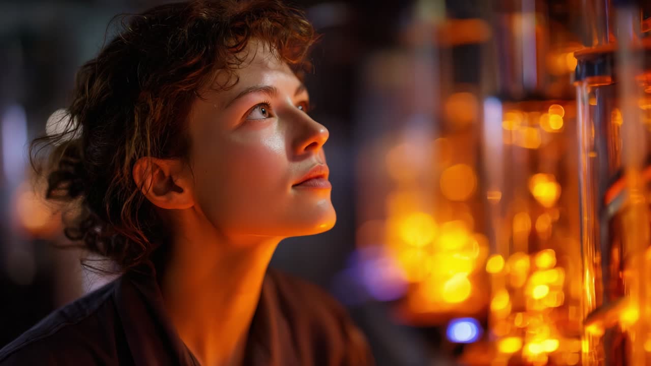A Young Scientist Observing the Intricacies of a Lab Setup, Illuminated by the Warm Glow of Laboratory Equipment, Capturing a Moment of Curiosity and Innovation in a Research Environment
