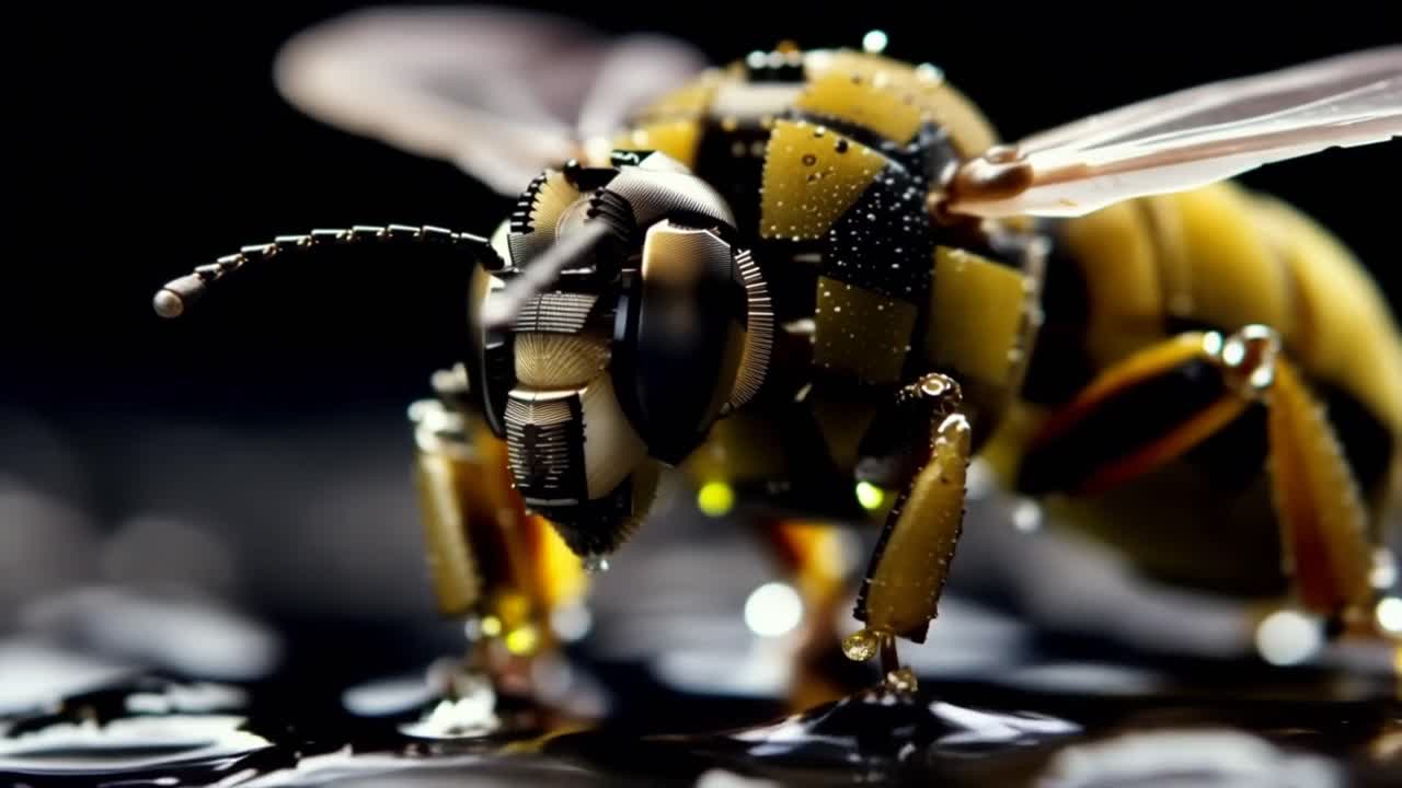 Makrobillede af en detaljeret robotbi med vanddråber