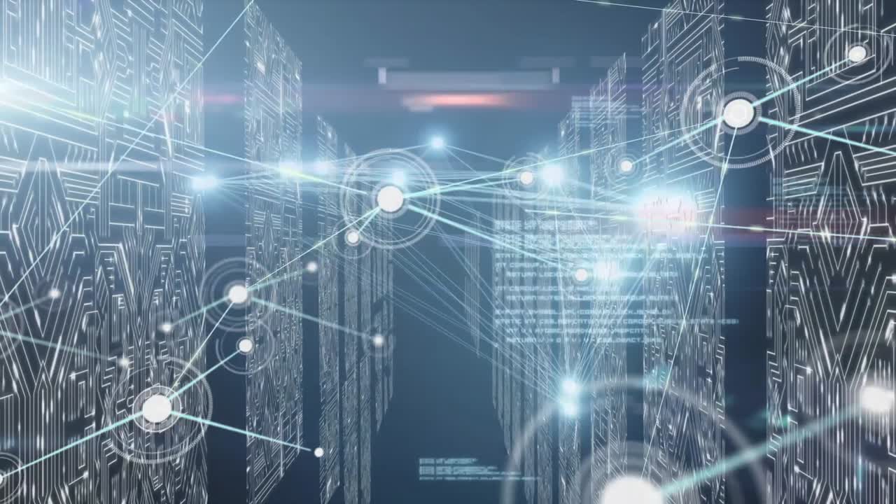 Animation of network of connections with icons and data processing over computer servers