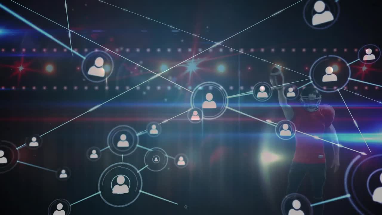 Composite video of networking icons with american football player celebrating victory in background