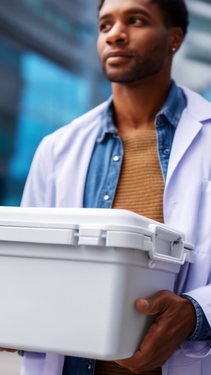 Un uomo riflessivo in camice da laboratorio tiene in mano un contenitore bianco, in piedi con sicurezza in un ambiente esterno, mostrando un mix di professionalità e stile personale